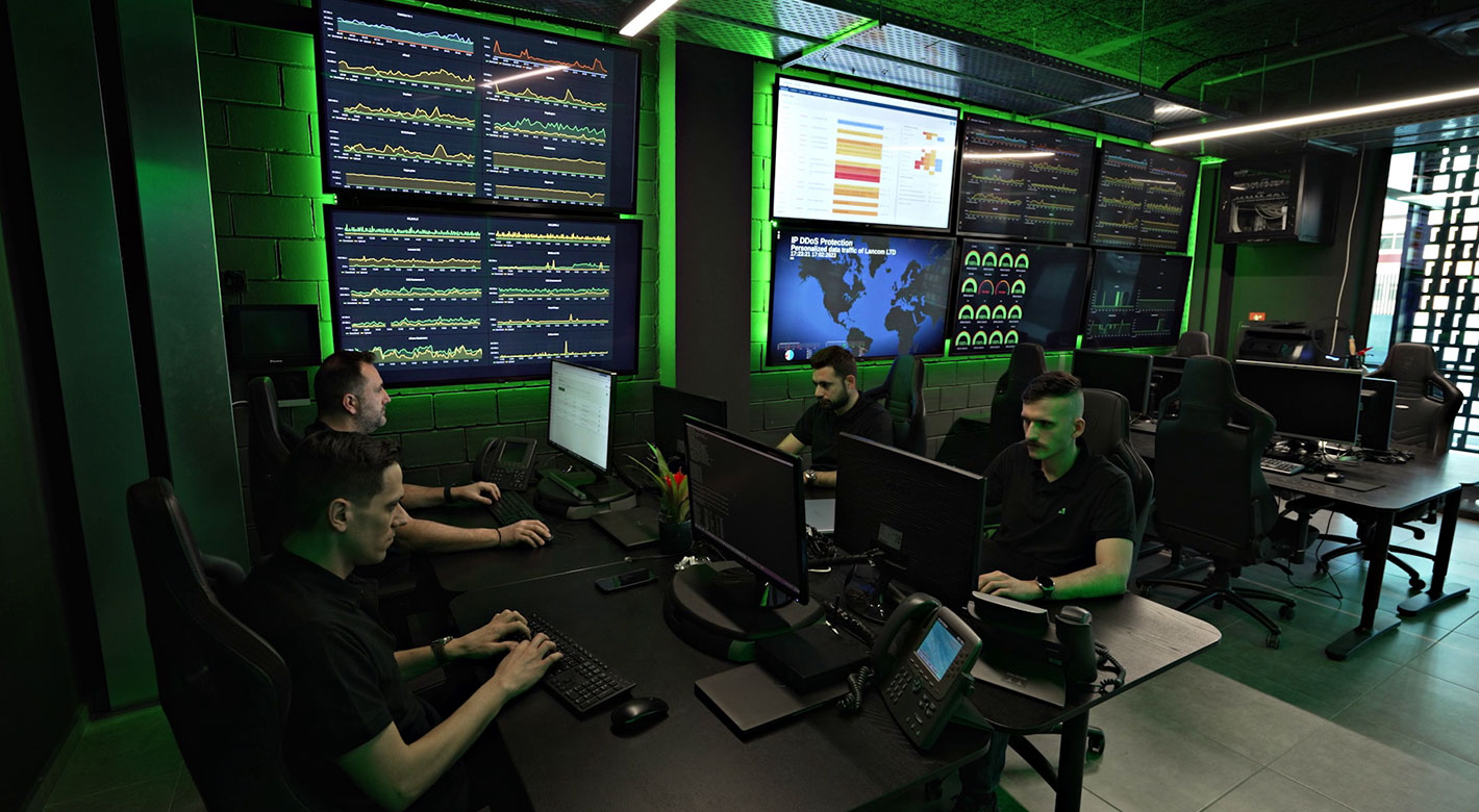 Lancom Network Operations Center team monitoring real-time systems inside Balkan Gate Thessaloniki Data Center.