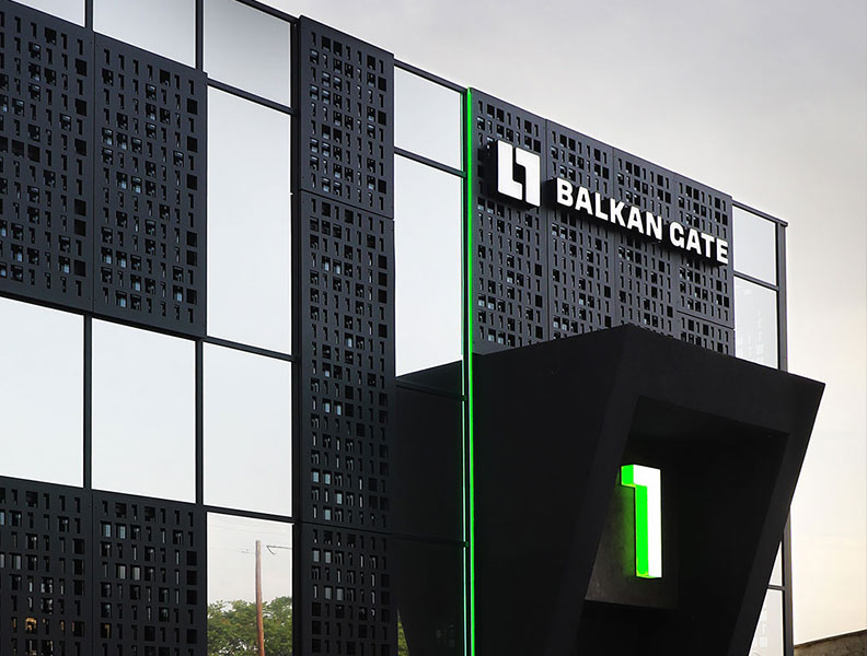 Exterior view of the Balkan Gate Data Center with architectural design.